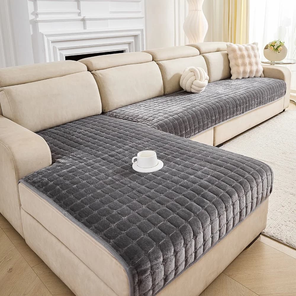 Two-piece flannel and plush sofa cushion set – minimalist checked design, modern living room sofa covers, thickened and non-slip