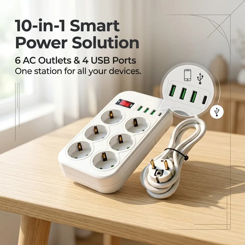 Multipresa 10 in 1 con spina EU, interruttore principale, 1500W, cavo da 2M, 6 prese AC, 3 USB, 1 Type-C per casa, ufficio, dormitorio.
