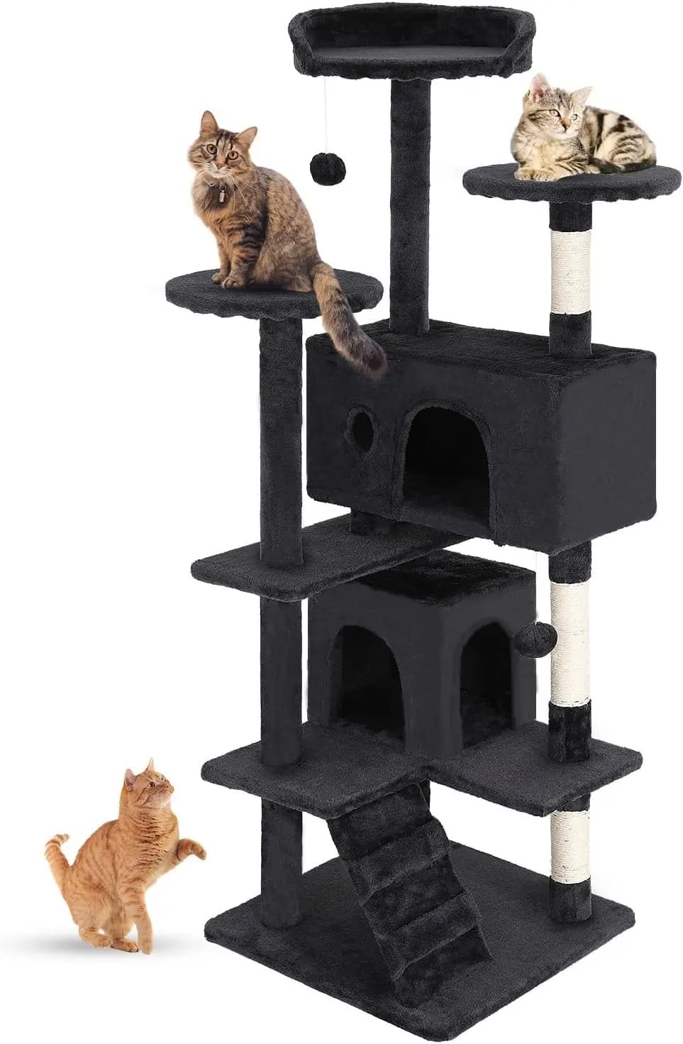Torre per Gatti Grigio Scuro da 54 Pollici con Pali in Sisal, Sponde Morbide, Giocattoli Sospesi - Facile Montaggio per Gattini e Gatti Adulti