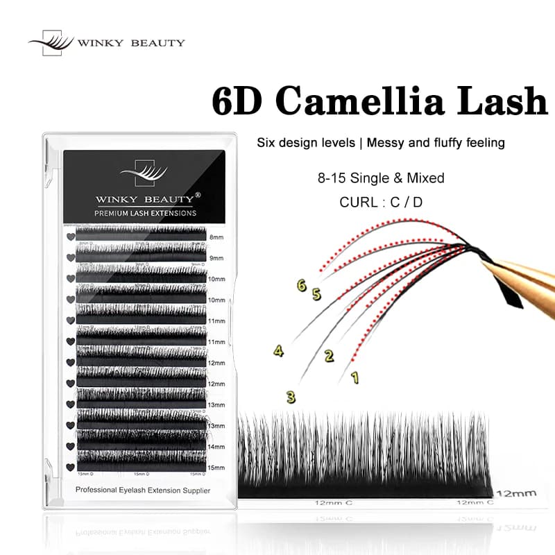 Winky Beauty 6D Ciglia Finte a Doppio Strato Effetto Camelia, Extension Ciglia Premade Volume Wispy 0.07 C/D Individuali