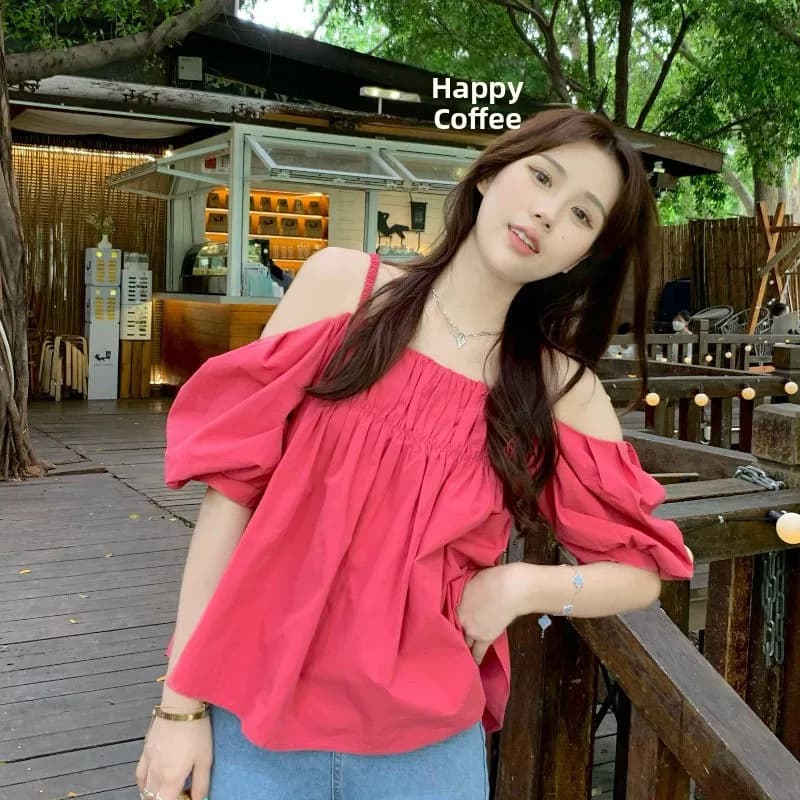Raspberry Pink Off-Shoulder Short-Sleeve Blouse Women's Summer New Loose Fit Bubble Sleeve French Style Shirt