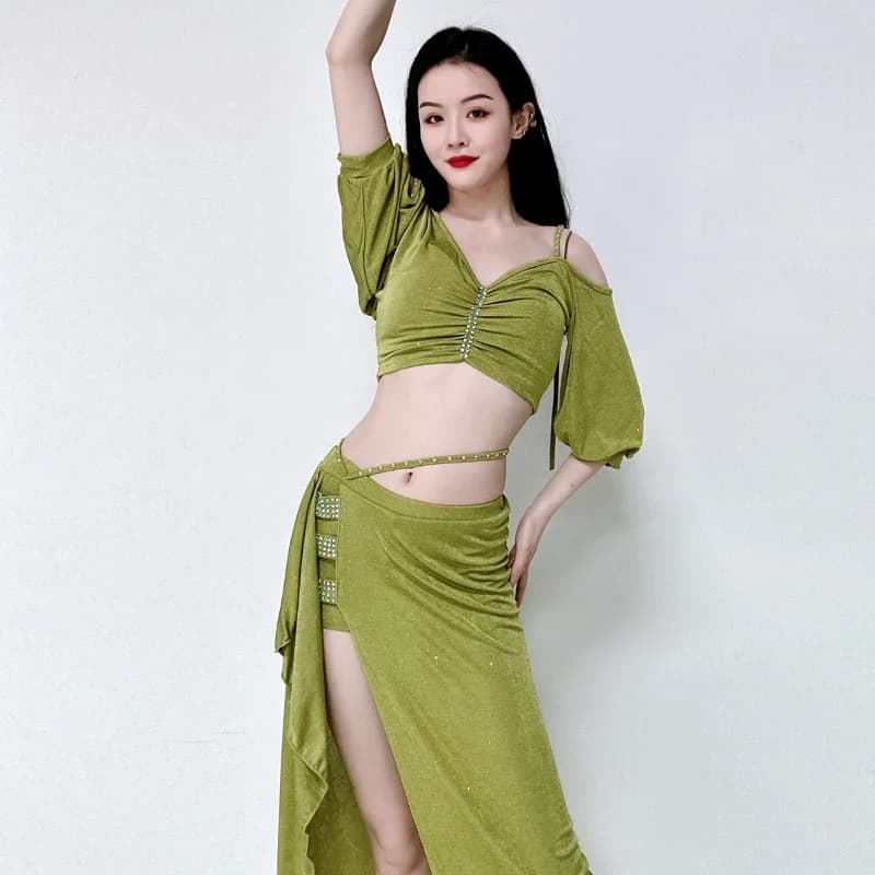 Customized Light Luxury Belly Dance Costumes Practice Clothing Set Eastern Dance Suit Middle Sleeve Top and Skirt with Leggings
