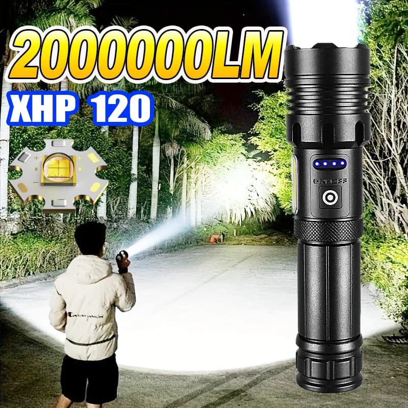 Torcia tattica ad alta potenza XHP120 super luminosa da 2000000LM Torcia da campeggio impermeabile per esterni