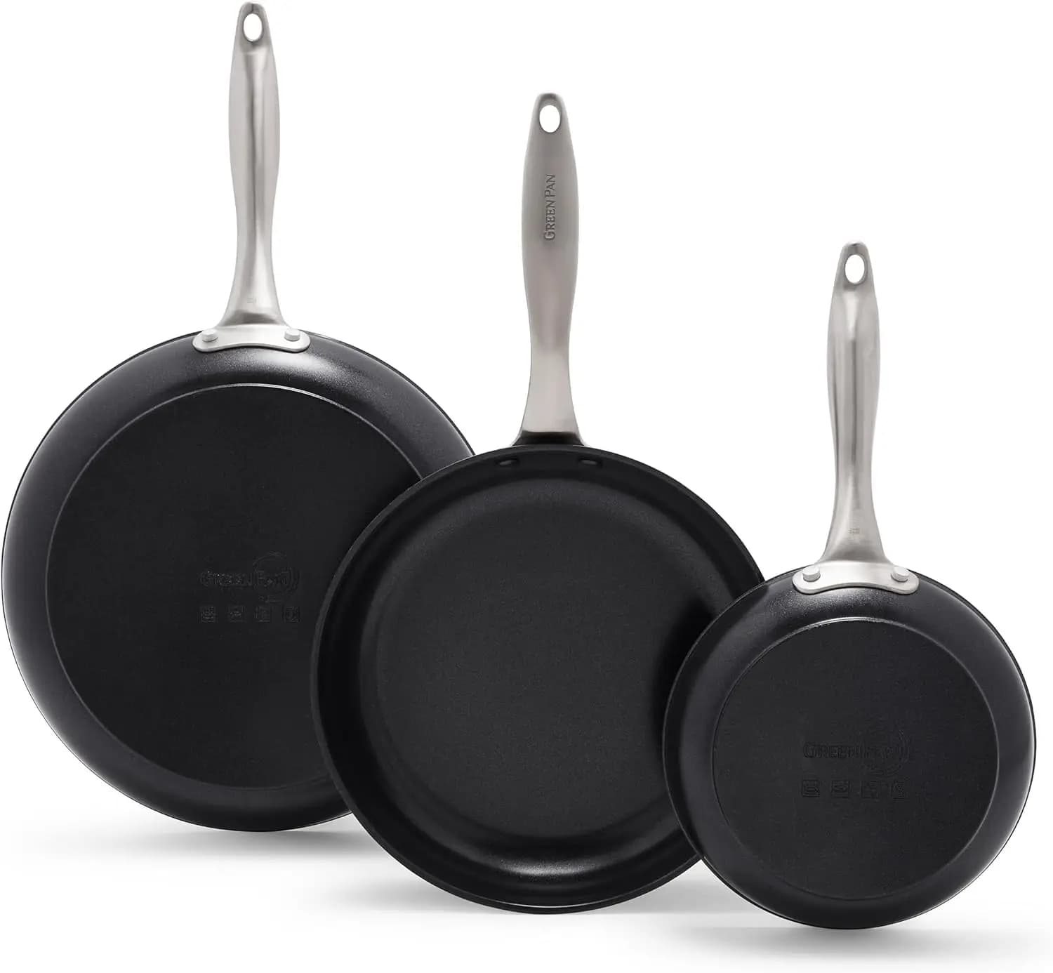 Set of 3 pieces black pans, 8”, 10” and 12”, healthy ceramic non-sticks, without PFOA and PFAS, hot anodized, S