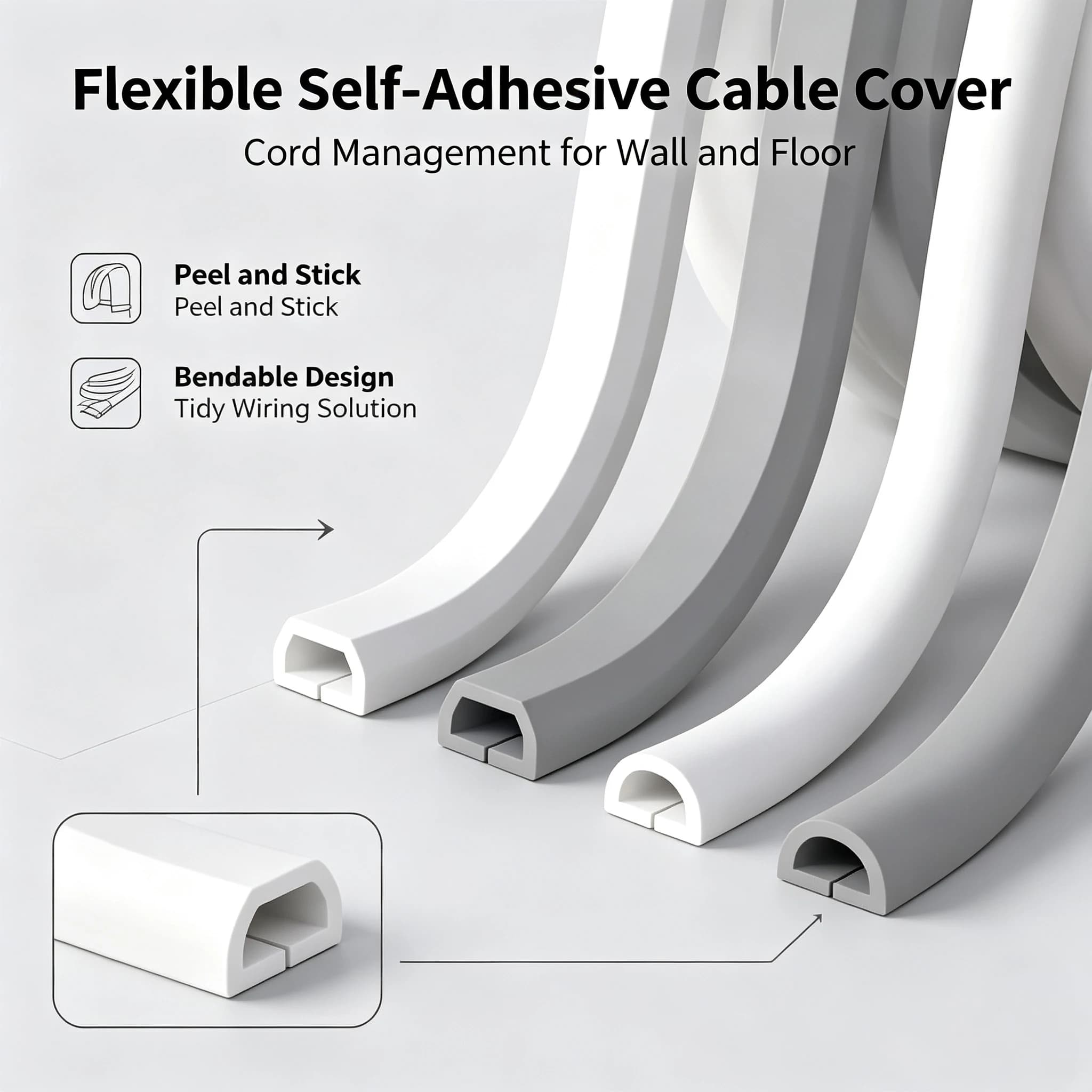 1PC 3/5M Self-Adhesive PVC Cable Management Strip Decorative Wire Protection Strip Suitable for Covering Wires on Walls Floors