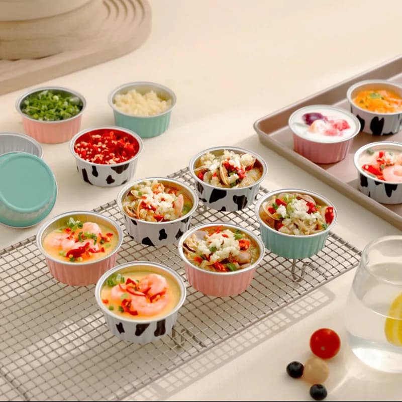 50 Coppette pieces for Pudding 8435, Colorful Aluminum Containers for Air Fryer, Round Torch Boxes, Barbecue Covers