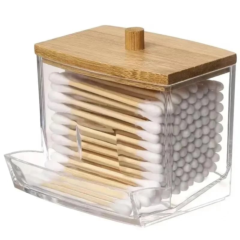 Box for cotton batuffs Container for double head cotton sticks Box for organizing cotton sticks with transparent bamboo square cover