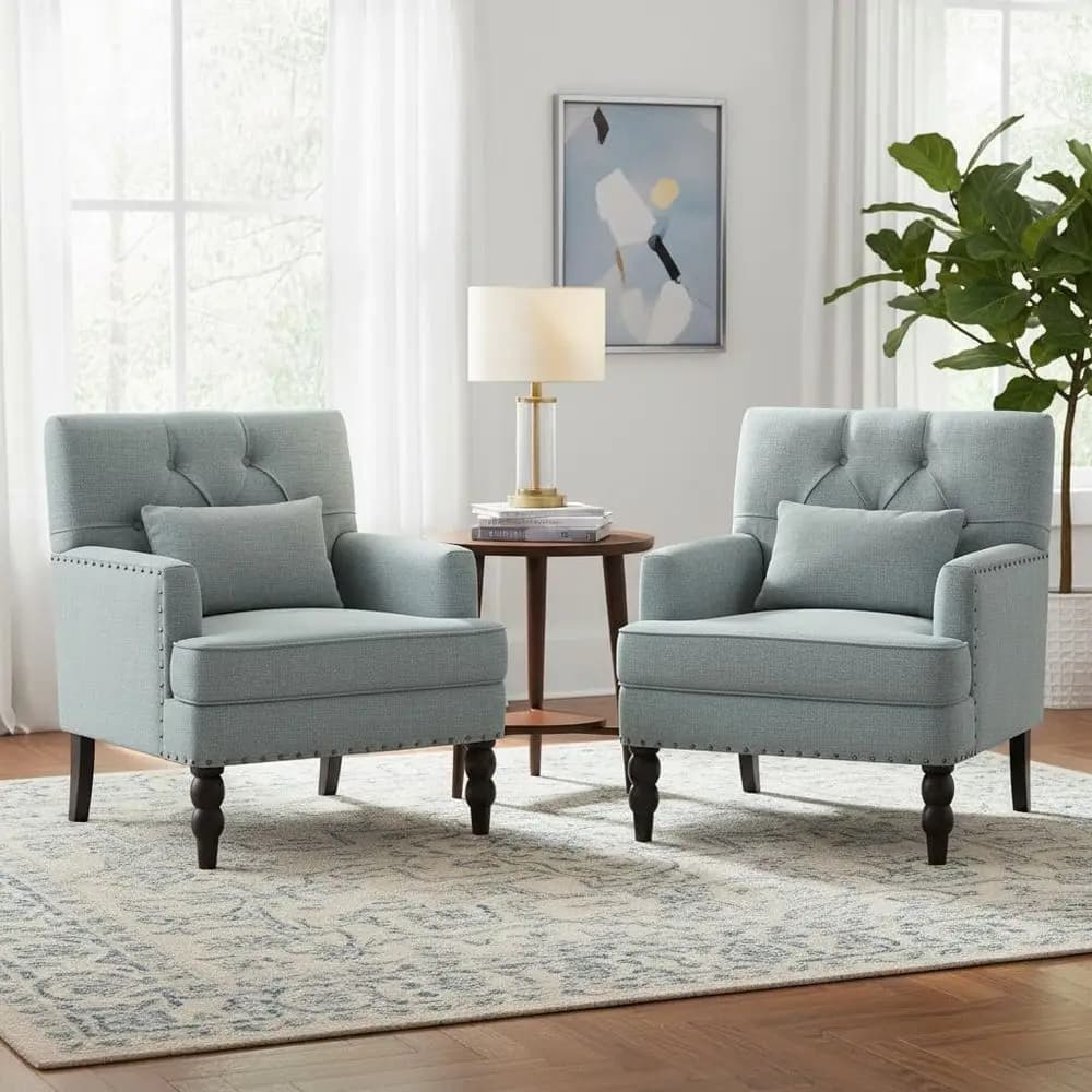 Coppia di Poltrone Accent con Cuscini Lombari, Poltrone Imbottite con Bottoni, Sedie Divano in Tessuto Lino per Camera da Letto, Soggiorno, Sala Moda