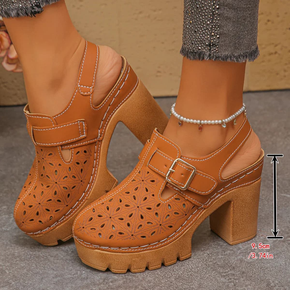 Sandali da donna estivi con plateau, sandali romani traforati alla moda con tacco alto, sandali in pelle PU, sandalias de mujer