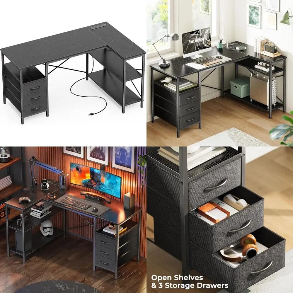 Scrivania a L da 47 pollici con prese di corrente, 3 cassetti per ufficio domestico, gaming, studio - Nera