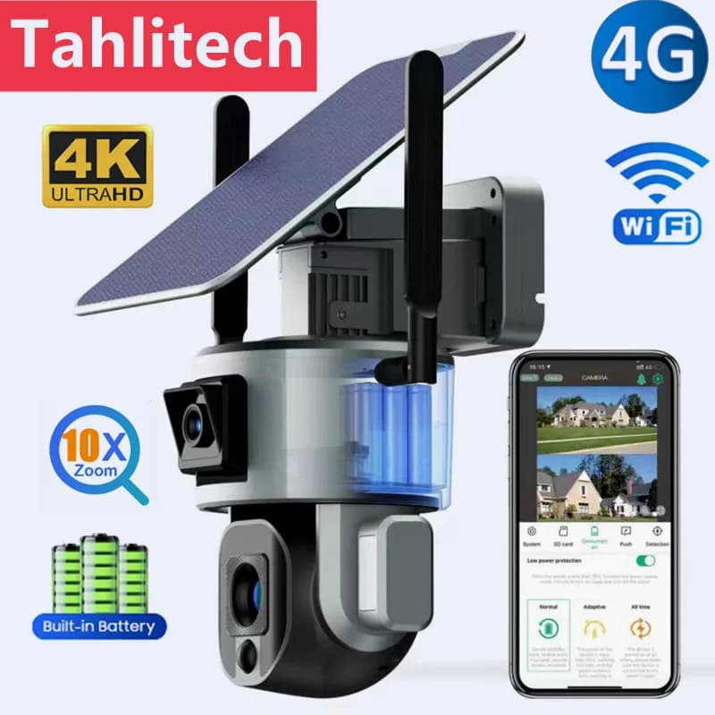 Telecamera solare a doppio obiettivo 4K 8MP Zoom 4X/10X 4G SIM/WIFI Telecamera di sicurezza esterna Telecamera per visione notturna a colori con tracciamento umanoide Solare