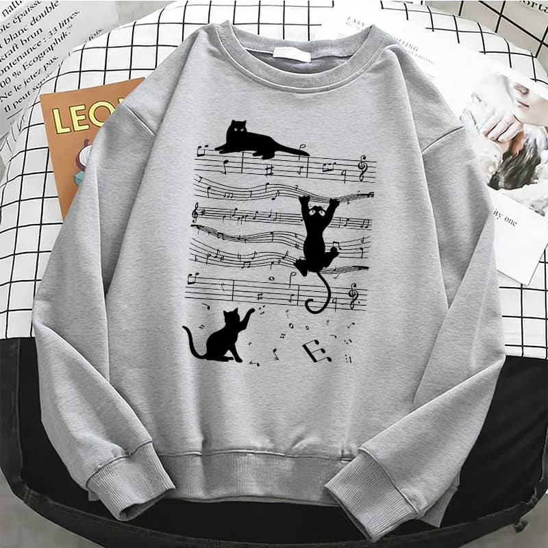 Japanese Style Music Cat Womens Solid Hoodies Basic Warm Fleece Sweatshirt Soft Streetwear O-Neck Pullover Casual Female Clothes