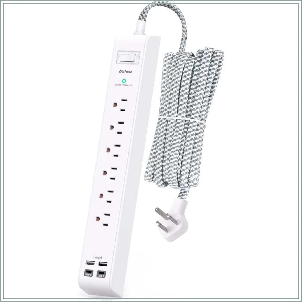 Surge Protector Power Strip 10ft, 6 AC Outlets 4 USB (2 USB-C), Flat Plug, Wall Mount, 1080J, ETL