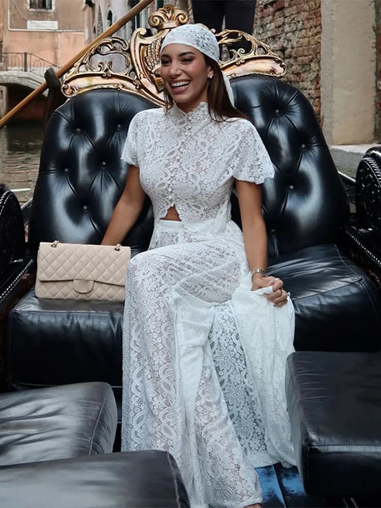 Solid Women Pant Lace Round Collar Short Sleeve Split Long Female Robe And Transparent Wide Leg Pant Summer Vacation