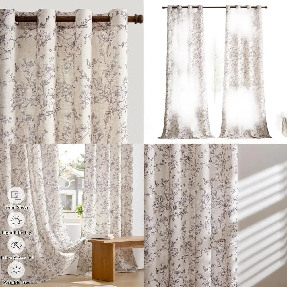 Eleganti Tende Floreali Semitrasparenti in Misto Lino, 108, 2 Pannelli, Filtraggio Luce per Soggiorno e Camera da Letto