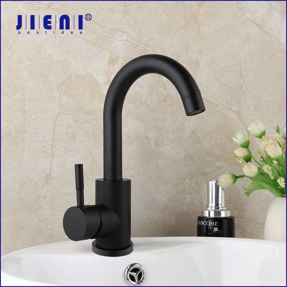 JIENI Rubinetto per Lavabo Girevole a 360° Nero Classico Monocomando Monoforo Miscelatore Acqua Calda e Fredda da Appoggio