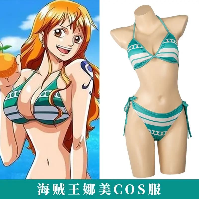 One Piece Cosplay Costume: Zoro-style Nami Yukata, Green and White Striped Sexy and Cute Bikini Swimsuit
