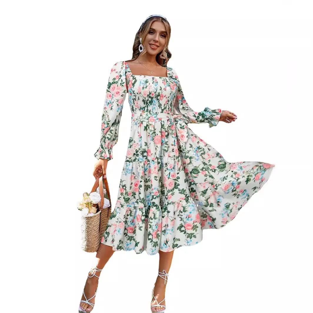 Summer New High Waist Long Sleeve Square Collar Dress Women's Fashion Commute Style Cotton Linen Princess Dress