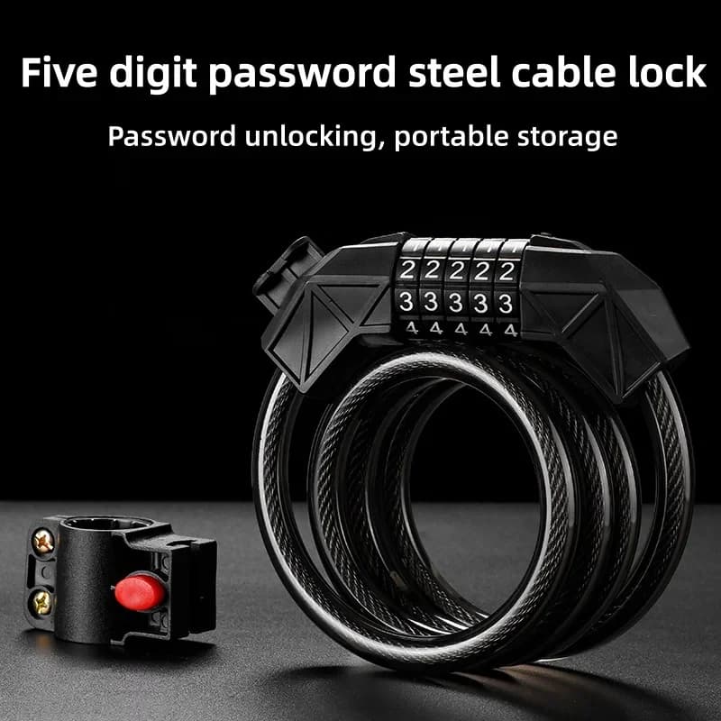 Bicycle Lock, Five Digit Password Lock, Thick Steel Cable Lock, Anti-Theft Electric Bike, Mountain Bike Lock Bicycle Chain Lock