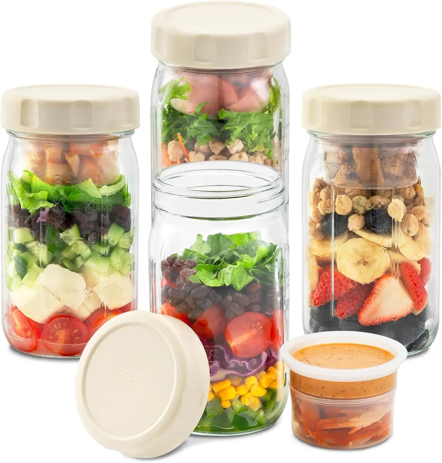 Set di 4 Barattoli in Vetro per Insalata con Coperchi, Contenitori Ermetici per Pranzo, Due Scomparti Integrati per Separazione Umido/Secco