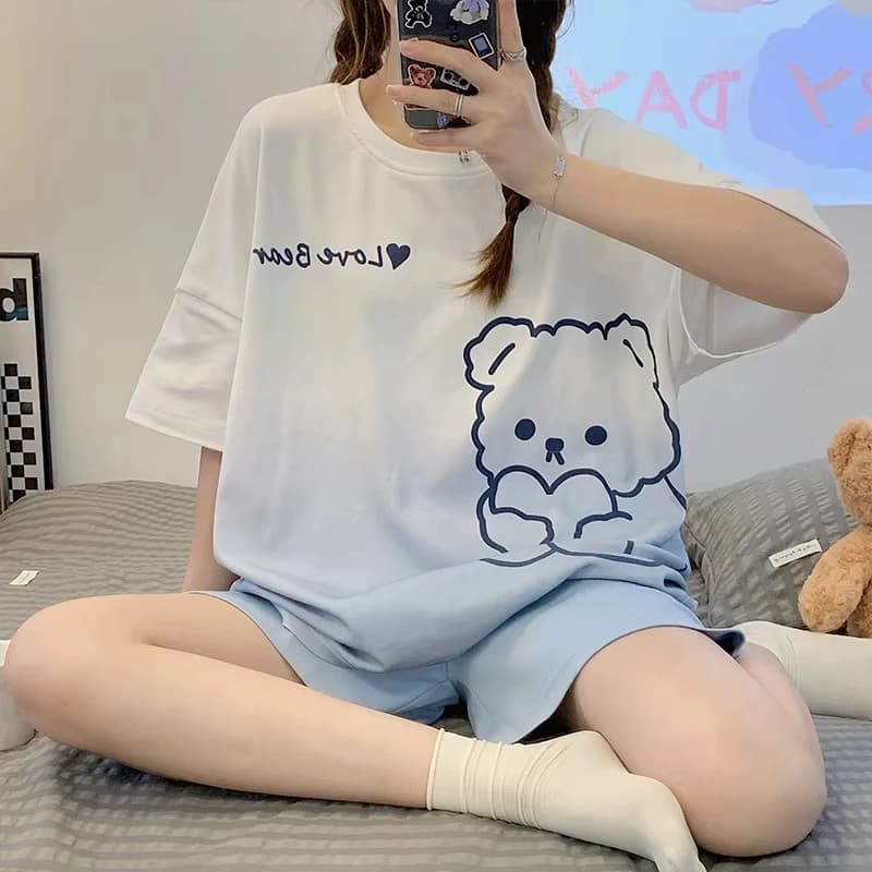 Nuovo pigiama estivo femminile a maniche corte pantaloncini completo versione coreana dello studente dolce e carino cartone animato Ms. Abito ampio per la casa