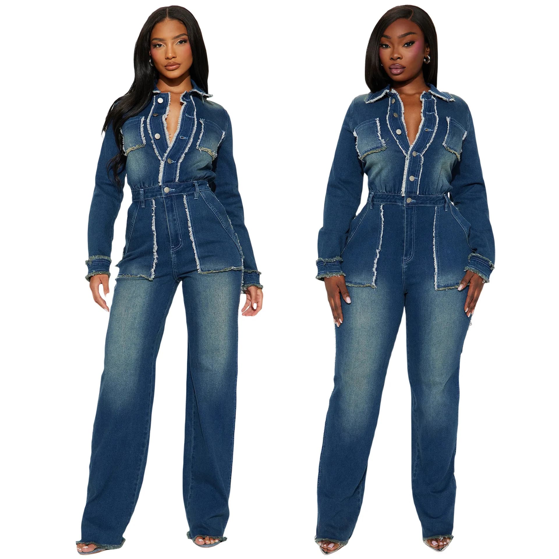 Women's denim suit, whole, in vintage washed jeans, with pockets, monopetto, whole length, streetwear style