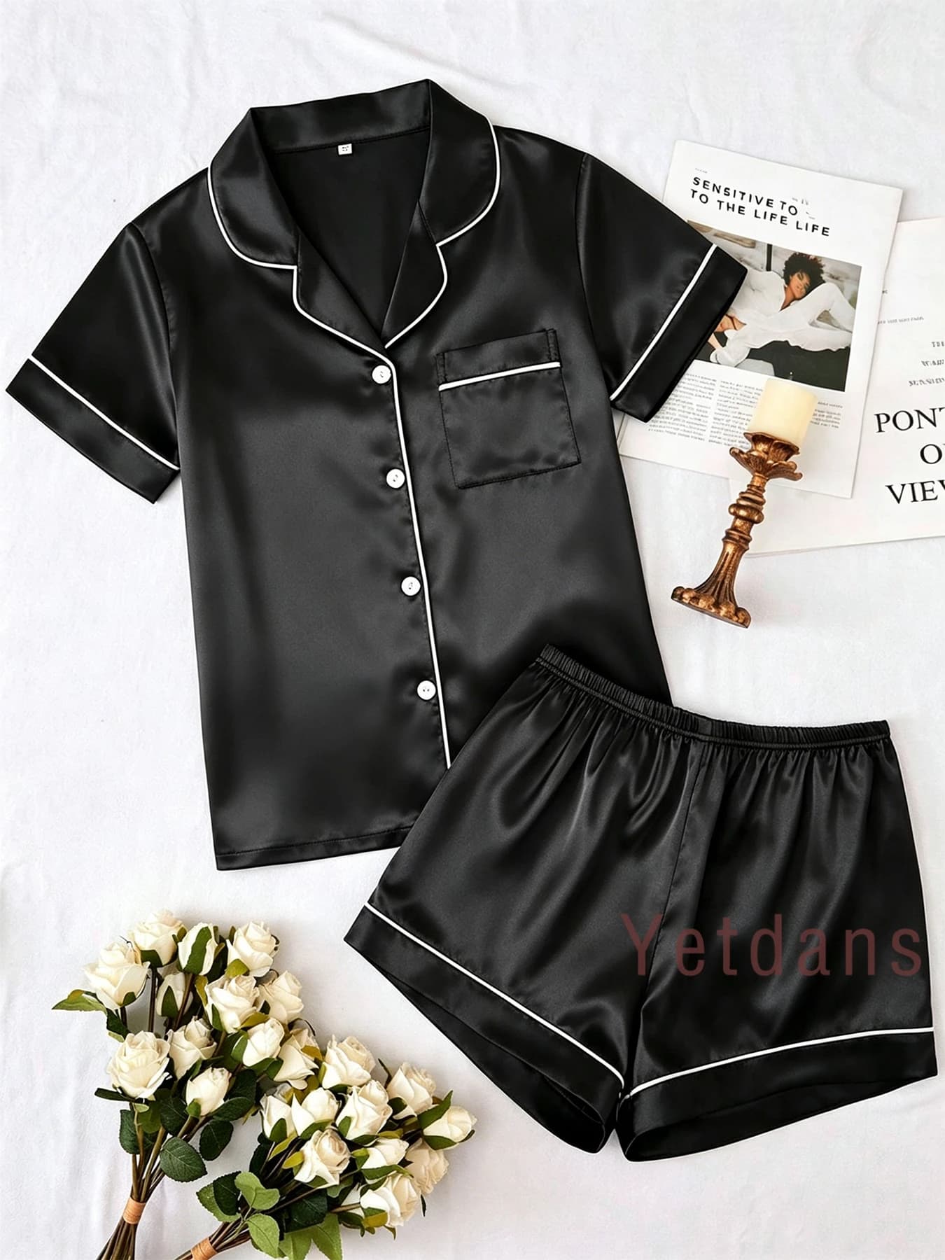 Classic Lapel Faux Silk Satin Pajamas Women Button Down Top With Pocket Elastic Waist Shorts Lightweight Silky Loungewear PJs