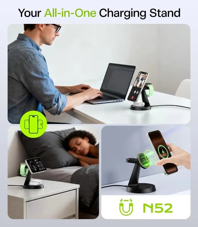 LED Digital Clock 3-in-1 Wireless Charging Dock Temperature Display Fast Charger For iPhone iWatch AirPods Bedroom Night Table