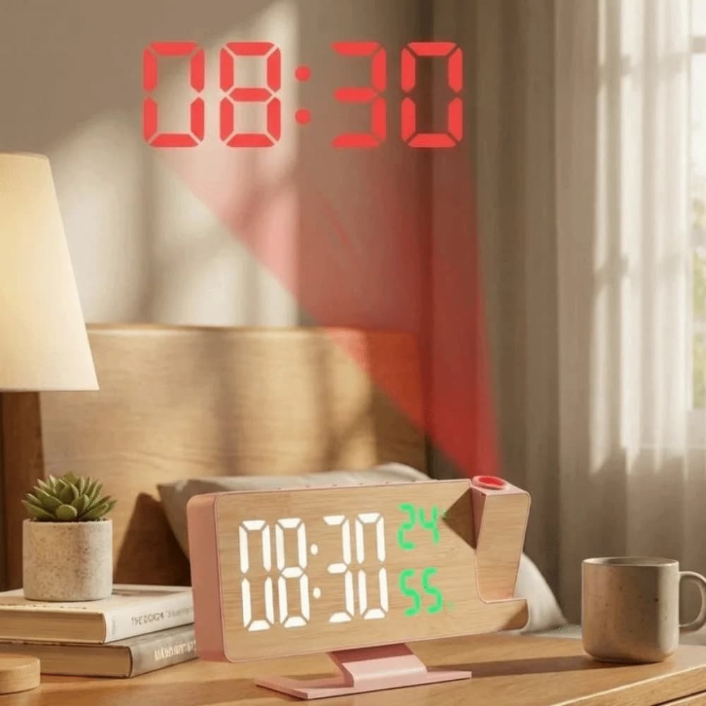 12/24 H LED Projector Clock Temperature Humidity Large Screen LED Electronic Clock 180° Rotatable Wood Pattern