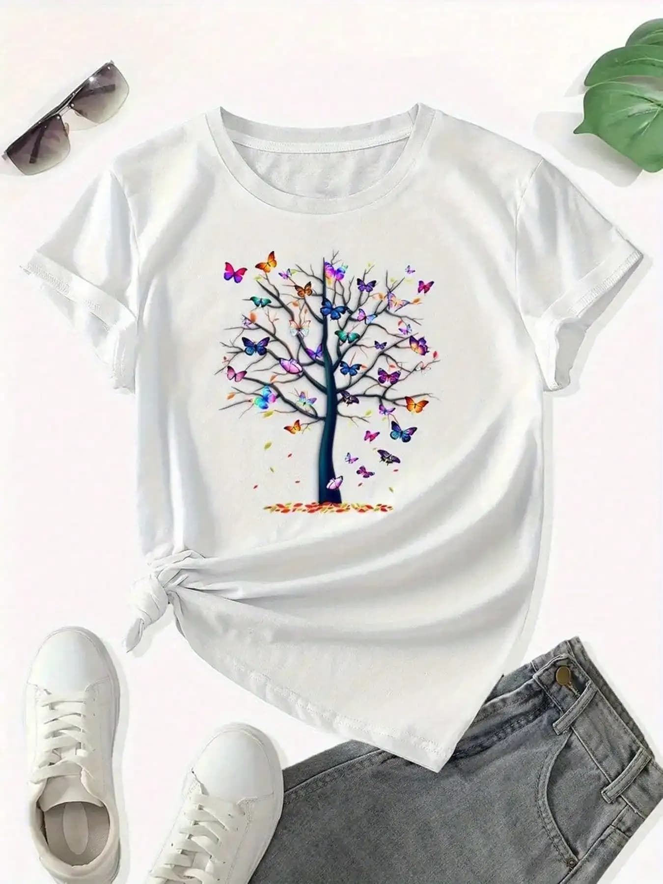 T-shirt girocollo stampata con albero a farfalla Hong moda primavera/estate, top casual a maniche corte da donna