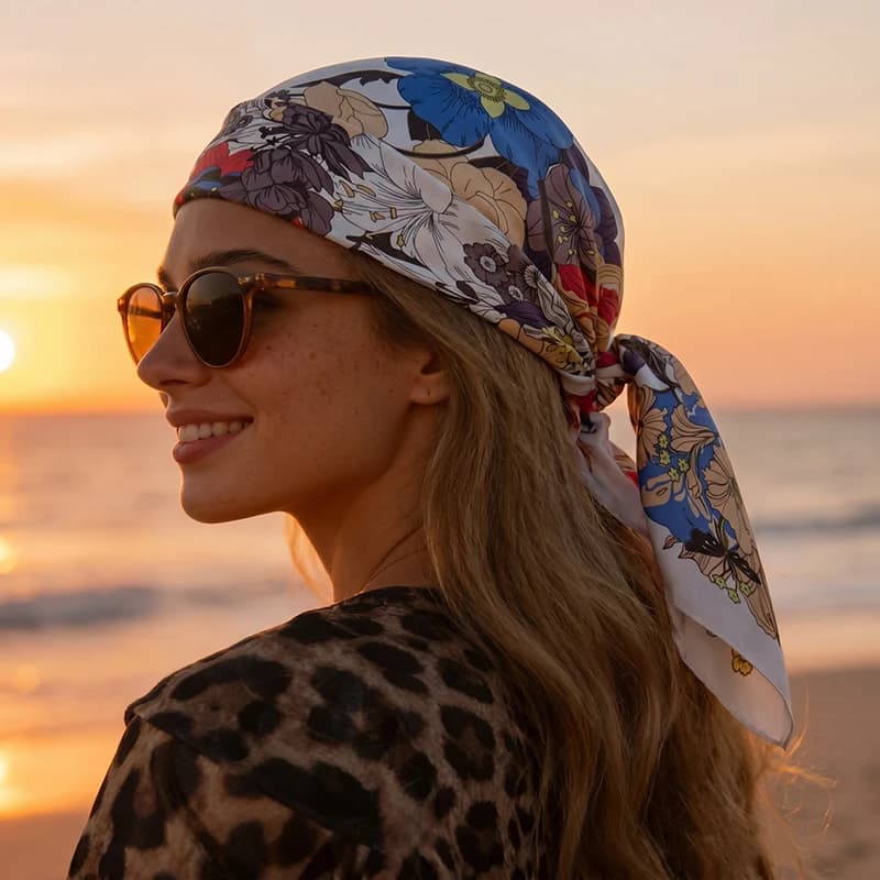 Foulard Quadrato in Seta alla Moda, Leggero, con Motivo Floreale Vivace, Utilizzabile come Hijab, Bandana, Sciarpa Estiva da Spiaggia e da Viaggio, Fascia per Capelli, Ciondolo per Borsa e Decorazione da Polso