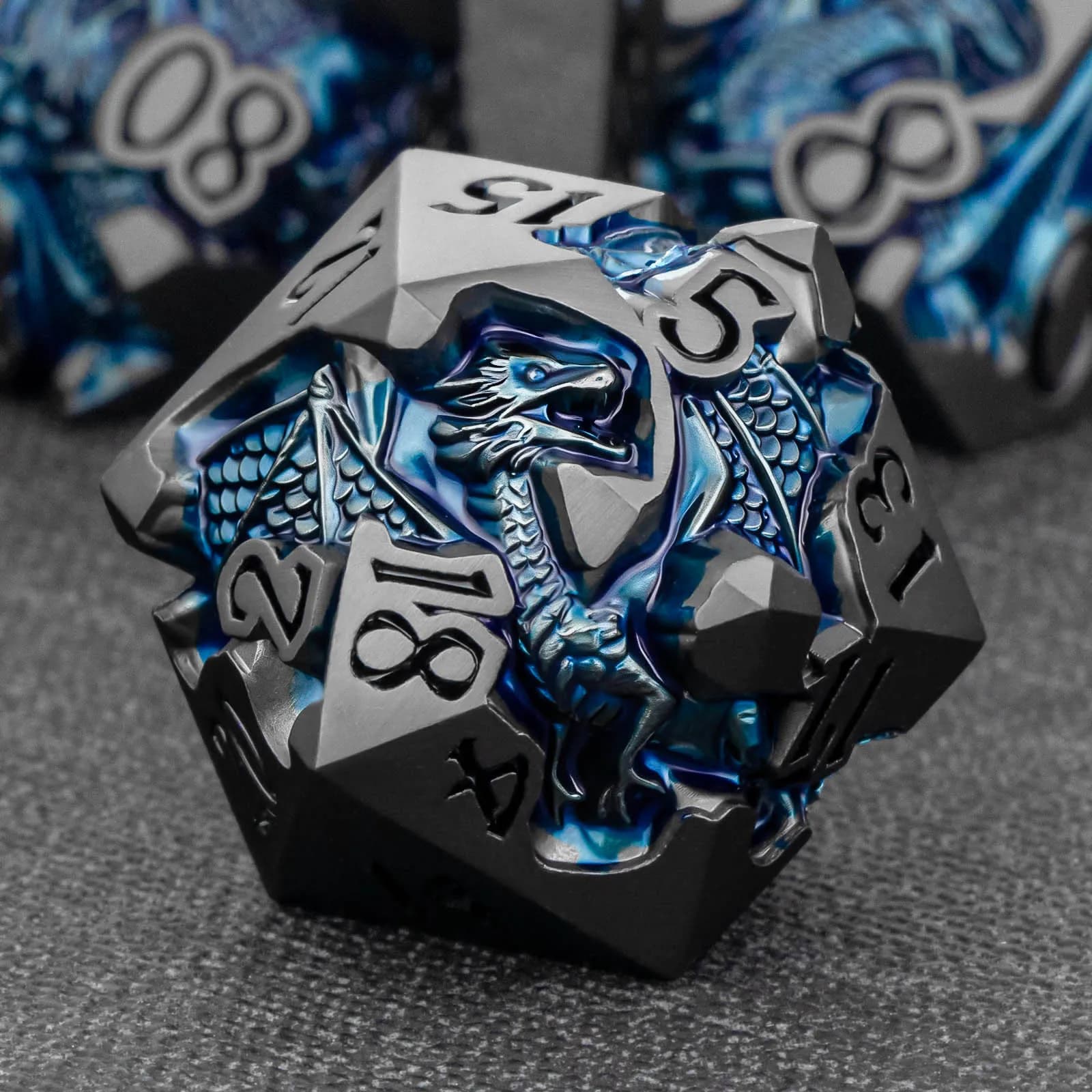 DND Dragon Dice Set for Role Playing Game, Blue Metal D&D Dice Set Dungeons and Dragons, Polyhedral Dice D20 D12 D10 D8 D6 D4