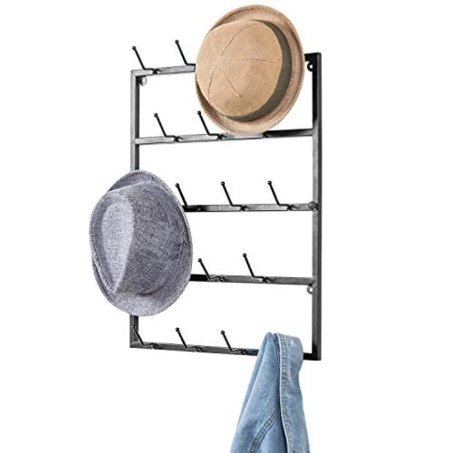 5 Tier Modern Matte Black Metal Hat Rack for Wall, Entryway Organizer Hat, Scarves, Key Holder Hanger with 18 Hooks
