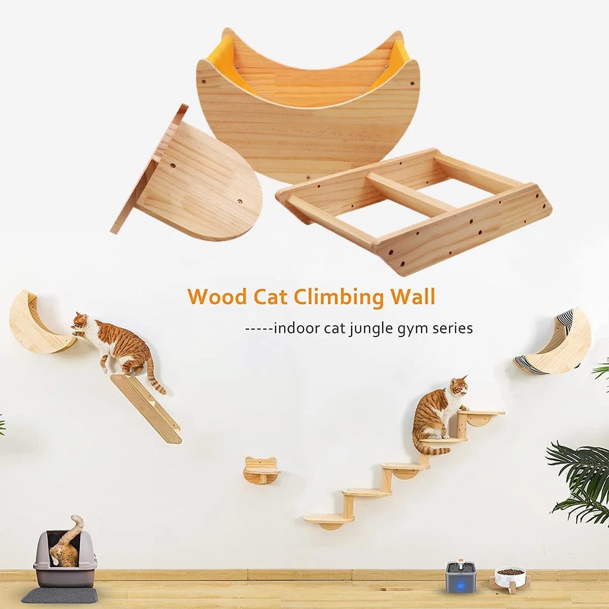 Set di mobili da parete per gatti robusti da 3 pezzi, amaca a forma di luna, scala da arrampicata in legno, catstepboard per dormire, giocare, arrampicata