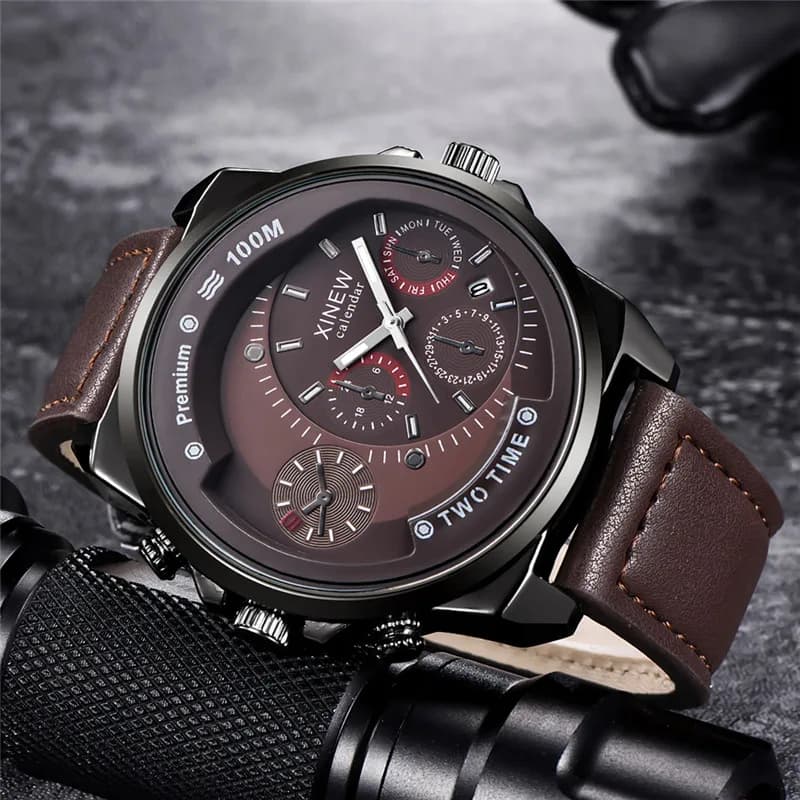 Original XINEW Men Brand Watches Black Boys Fashion Leather Strap Date Gifts Quartz watch Relogio Masculino Reloj Hombre Montre