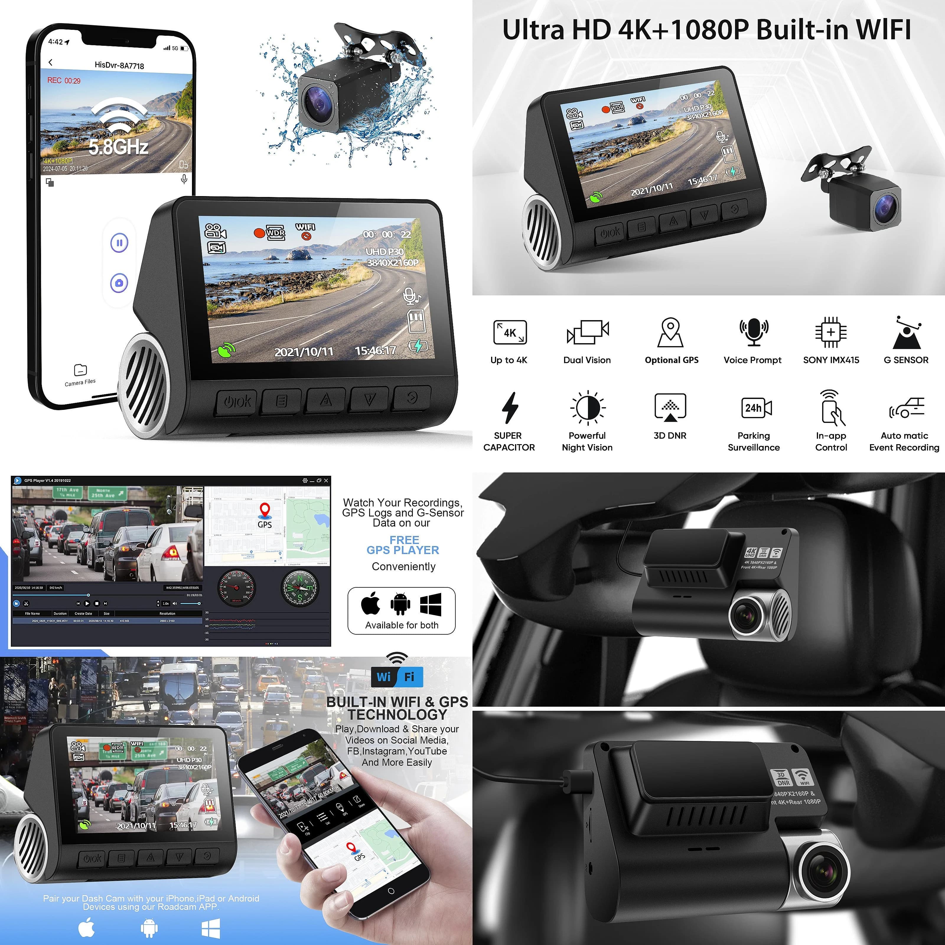 V55 4K Dashcam WIFI Car DVR Night Vision Loop Recording G-Sensor