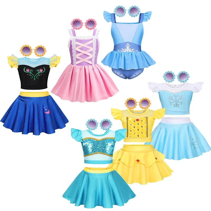 Costume da bagno per bambini Ragazza Principessa Jasmine Costume da bagno Split Set Ragazza Beachwear Pool Party Bambini Anna Elsa Costumi da bagno con occhiali da sole