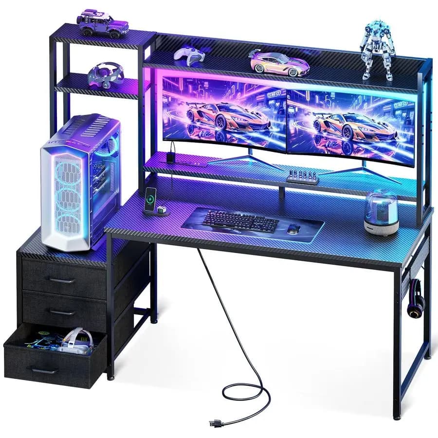 Scrivania da Gaming da 55 Pollici con Mobiletto e 3 Cassetti in Tessuto, Scrivania per Computer con Porte USB e Luci LED, Tavolo da Gioco PC Reversibile