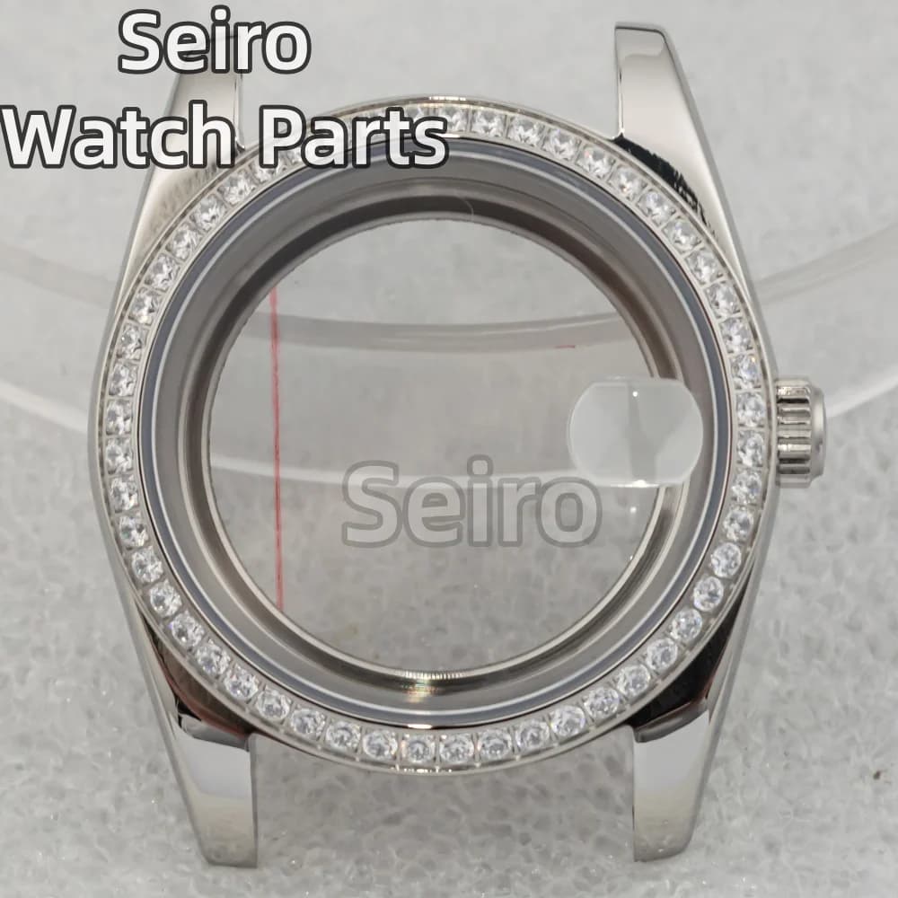 NH35 Cassa per orologio da uomo 36mm Cassa lucida Lunetta con diamanti Argento Oro rosa Vetro zaffiro Fit NH34 NH35 NH36 ETA2824 Movimento PT5000