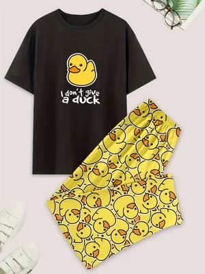 Set pigiama casual da uomo, t-shirt a maniche corte con stampa anatre e pantaloni, abbigliamento estivo comodo