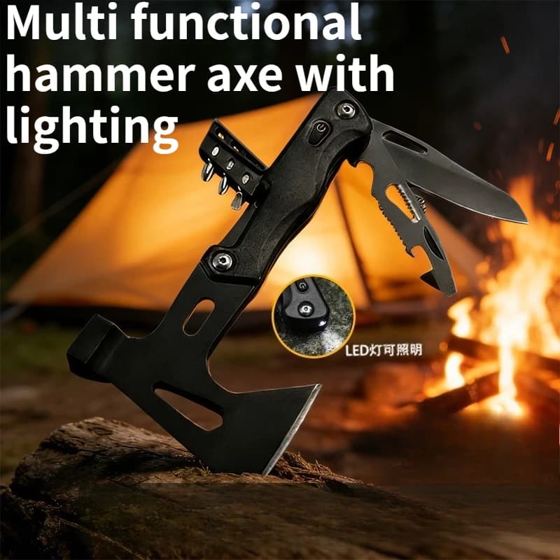 Ascia Multifunzionale da Esterno con Luce LED, per Campeggio, Autodifesa ed Emergenze, Ascia Portatile