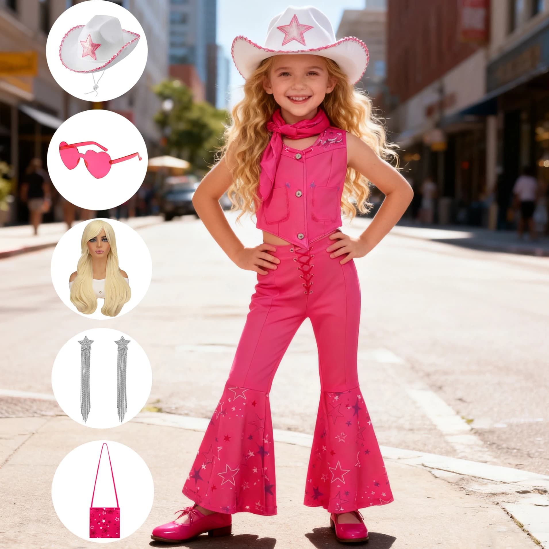 Hot Movie Pink Neonate Vestiti Set Bambini Moda T-shirt Gilet Pantaloni a zampa d'elefante Sciarpa 3 pezzi Set Ragazze Casual Costumi estivi per feste