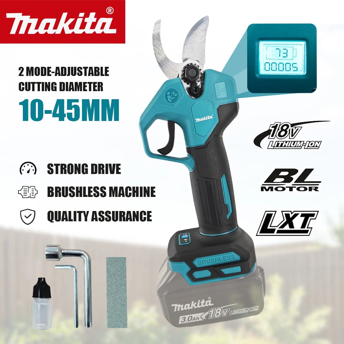Makita 18V Cordless Electric Pruning Shears with 45mm SK5 Blade LCD Display for Garden Tree Branch Cutting