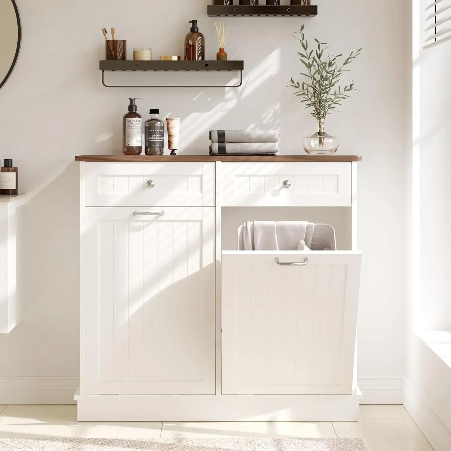 Double Tilt Out Trash Can Cabinet, Hidden Trash Cabinet, White, Customized