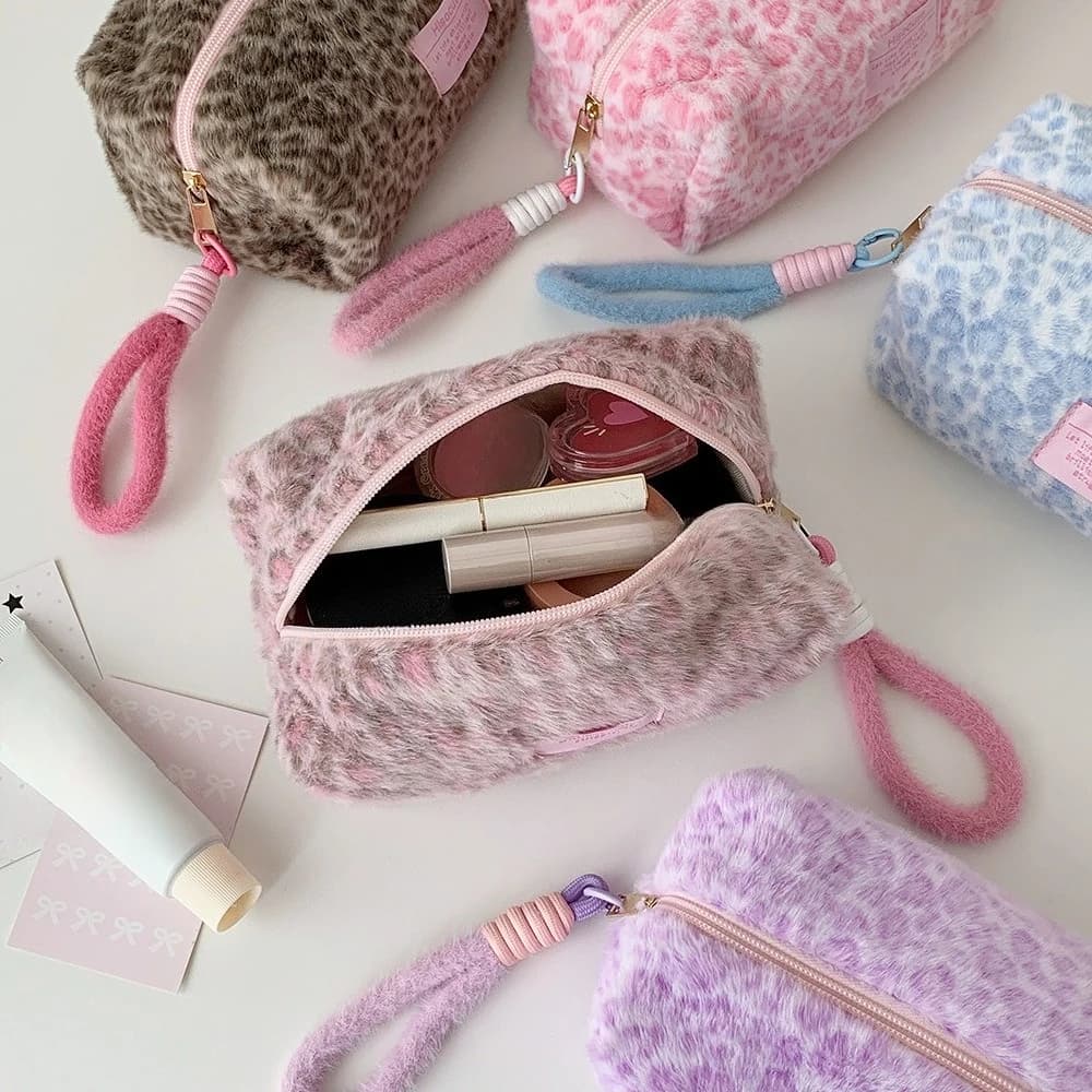 Borsa per il trucco con stampa leopardata, astuccio multifunzionale per studenti, organizer per cancelleria, custodia portatile per scrivania, borsa per cosmetici