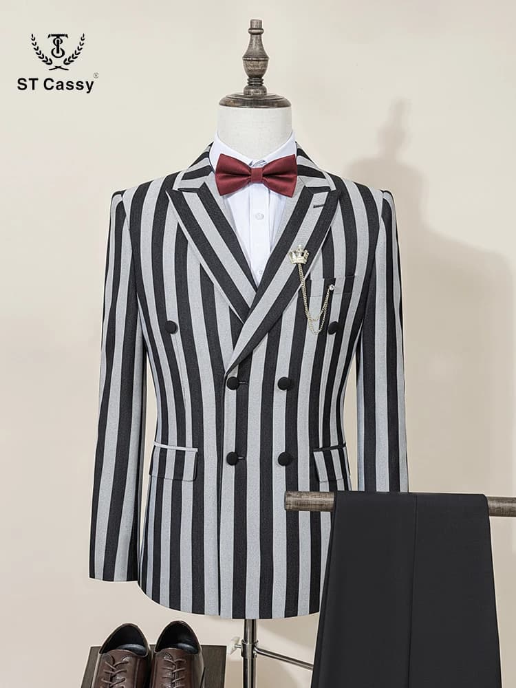 ST Cassy High Quality party outfit Men's Suits Fashion striped evening gown Double Breasted Slim Fit 2 piece set Jacket+Pants