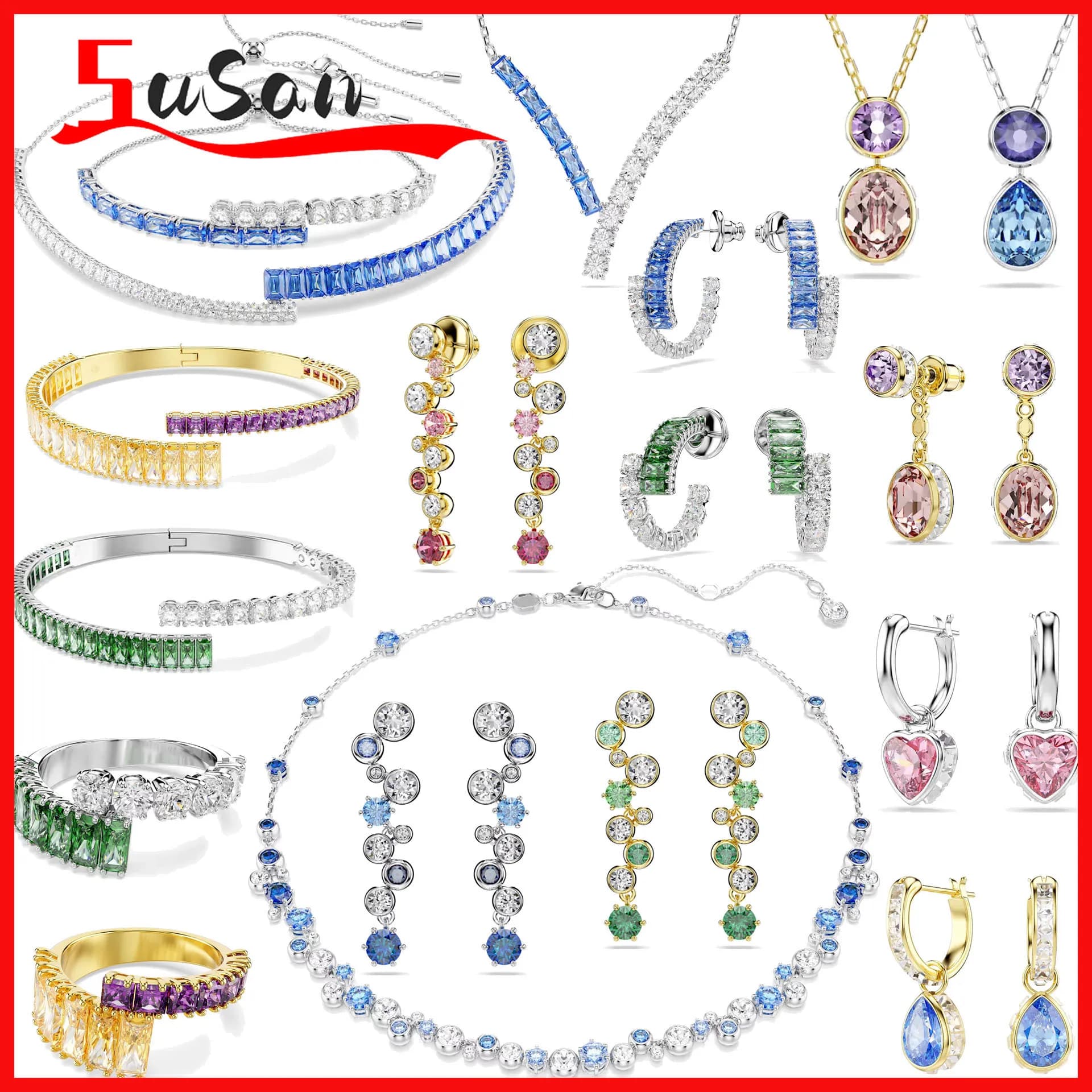 New Jewelry Sets Green Blue Crystal Party Geometric Necklace Crystal Ring Exquisite Jewelry Ornaments Romantic Gifts For Women