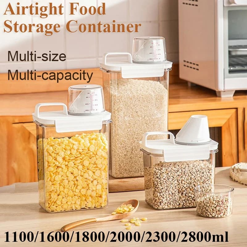 Contenitore ermetico per alimenti, dispenser per cereali, barattolo per cereali da cucina trasparente con misurino, set di scatole per organizer per la casa