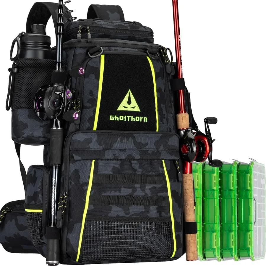 Ghosthorn fishing gear backpack with 4 3600 boxes for equipment Canvas Large 43 liters bag for outdoors with detachable carrier G