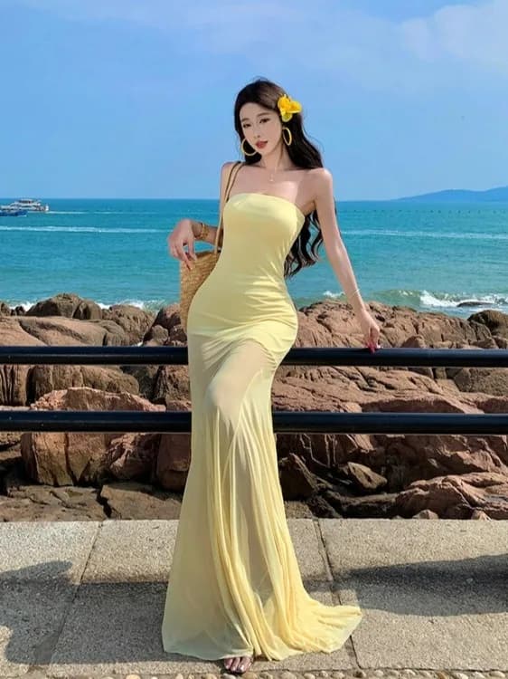 Abito Lungo Estivo da Donna con Spalline e Monospalla, Stile Sexy e Piccante, in Tessuto Morbido a Vita Alta, Ideale per Vacanze